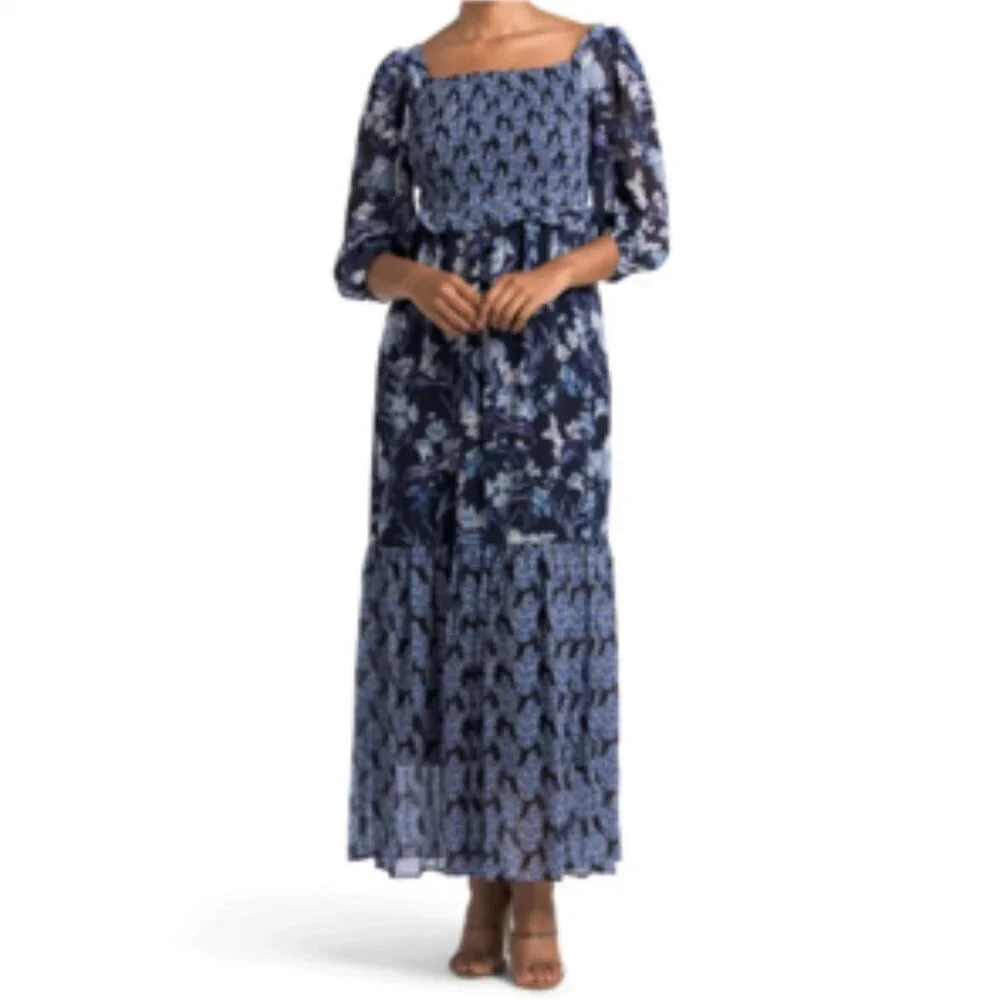 Taylor Floral Tiered Maxi Dress Smocked Tie Back Flowy Blue & White NWT 6P